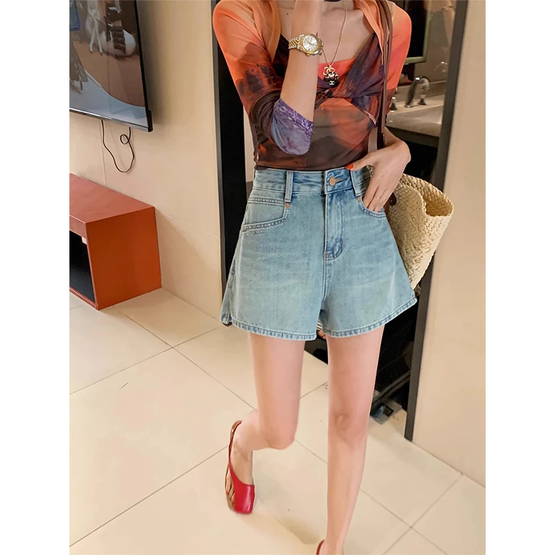 黑色牛仔短裤女夏新薄款高腰显瘦宽松辣妹开叉小个子阔腿a字热裤