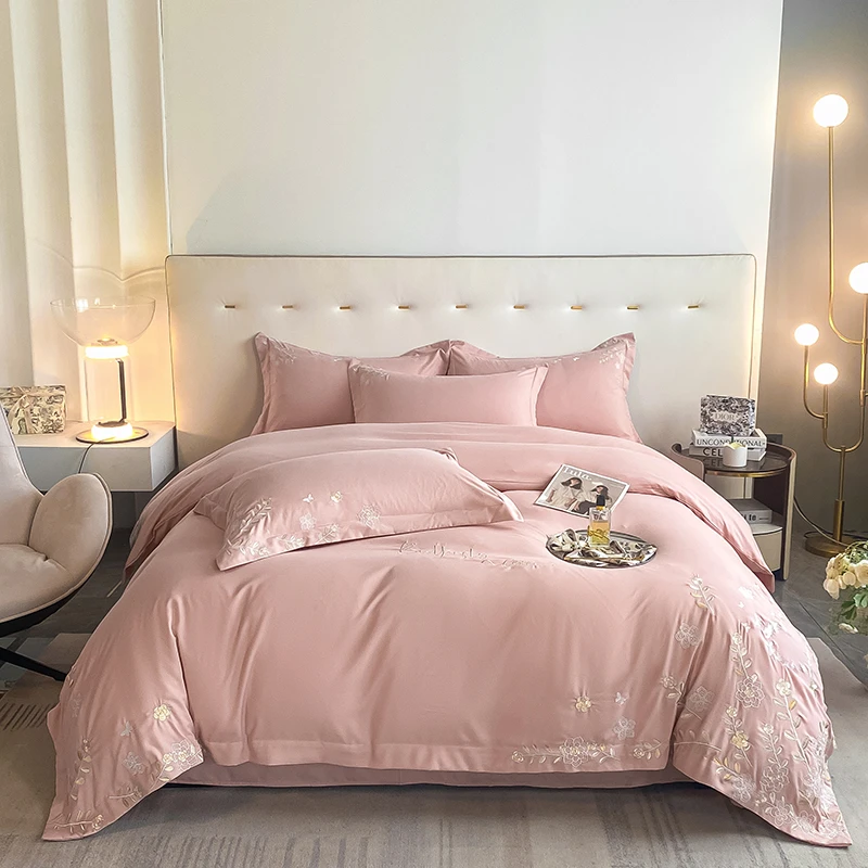 富安娜轻奢新款舒适亲肤棉绣花四件套简约纯色丝滑印花可机水洗床