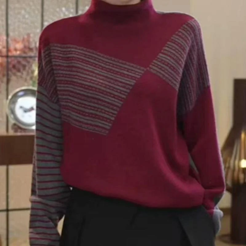 【优品推荐】2025冬季款时尚拼色洋气长袖针织衫上衣女装内搭毛衣