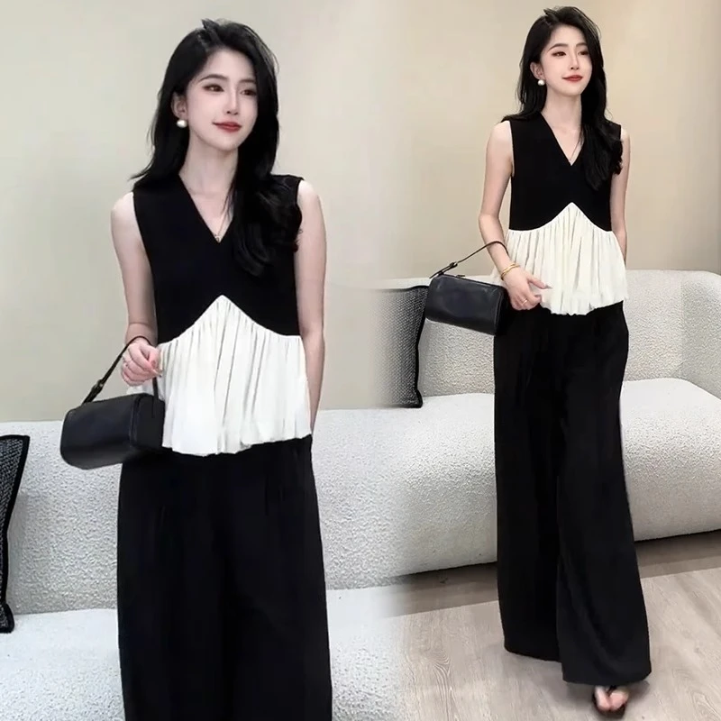 拉夏贝尔时尚洋气套装女2025夏新款气质显瘦无袖上衣阔腿裤两件套