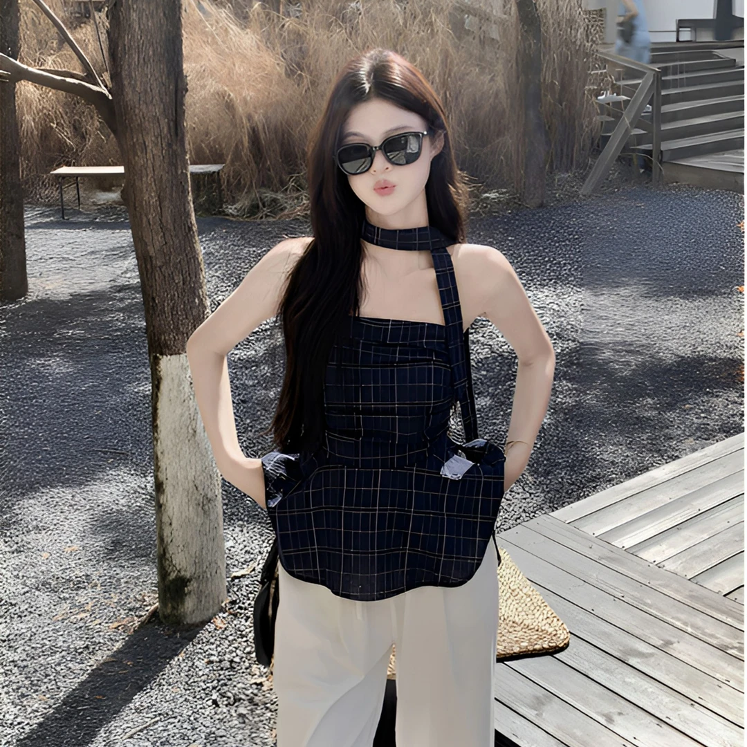 复古辣妹格子抹胸背心女装夏季小众修身抹胸上衣上衣短款