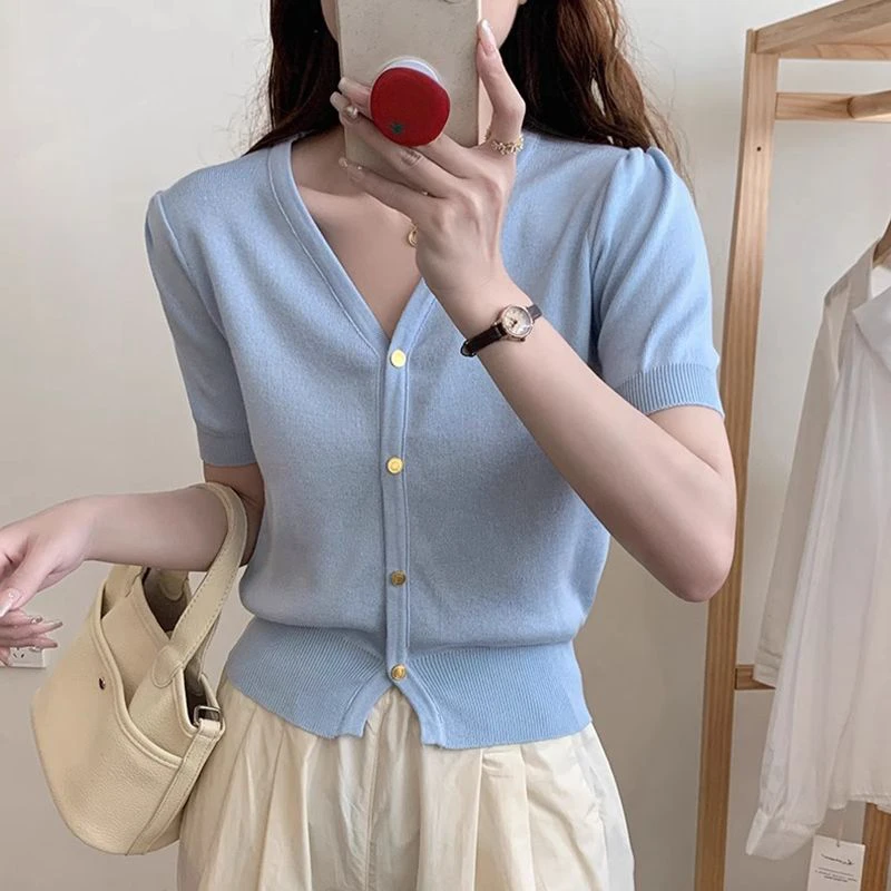 法式蓝色V领短袖针织开衫女薄款短款收腰打底针织衫上衣掐腰小衫