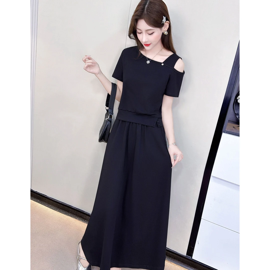 2580【衣长48裙长88】休闲露肩套装新款夏季时髦百搭T恤半身裙套装