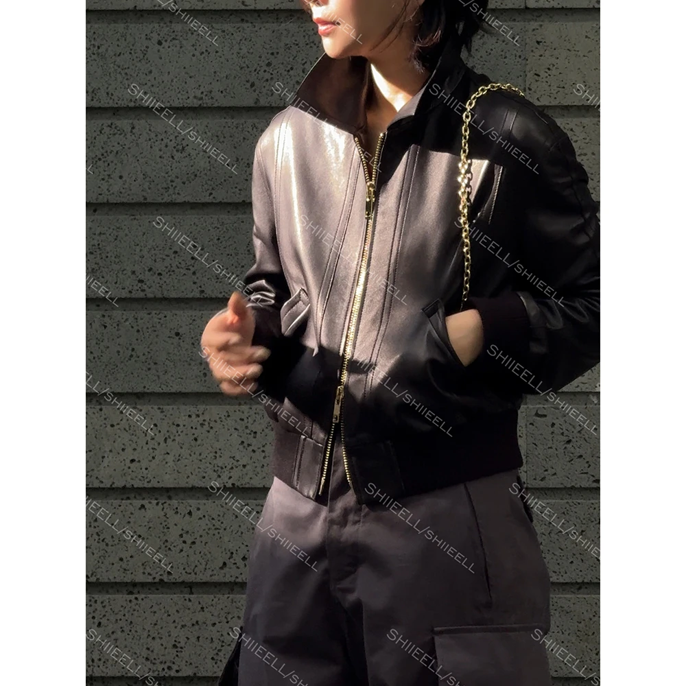 SHIIEELL老钱风极简羊皮气质时尚真皮正肩螺纹短款皮衣外套Z5348