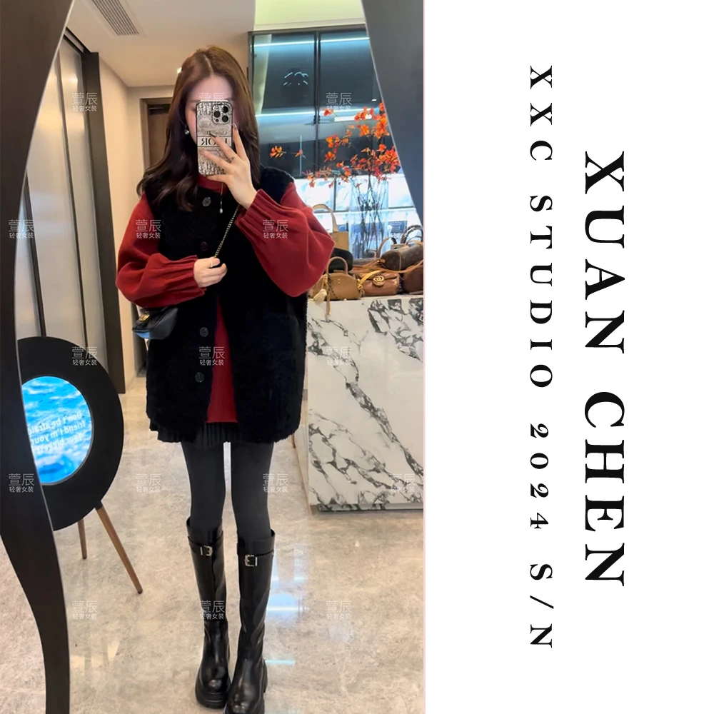 【通勤配】轻奢时尚休闲百搭秋冬加绒皮毛一体马甲#3855