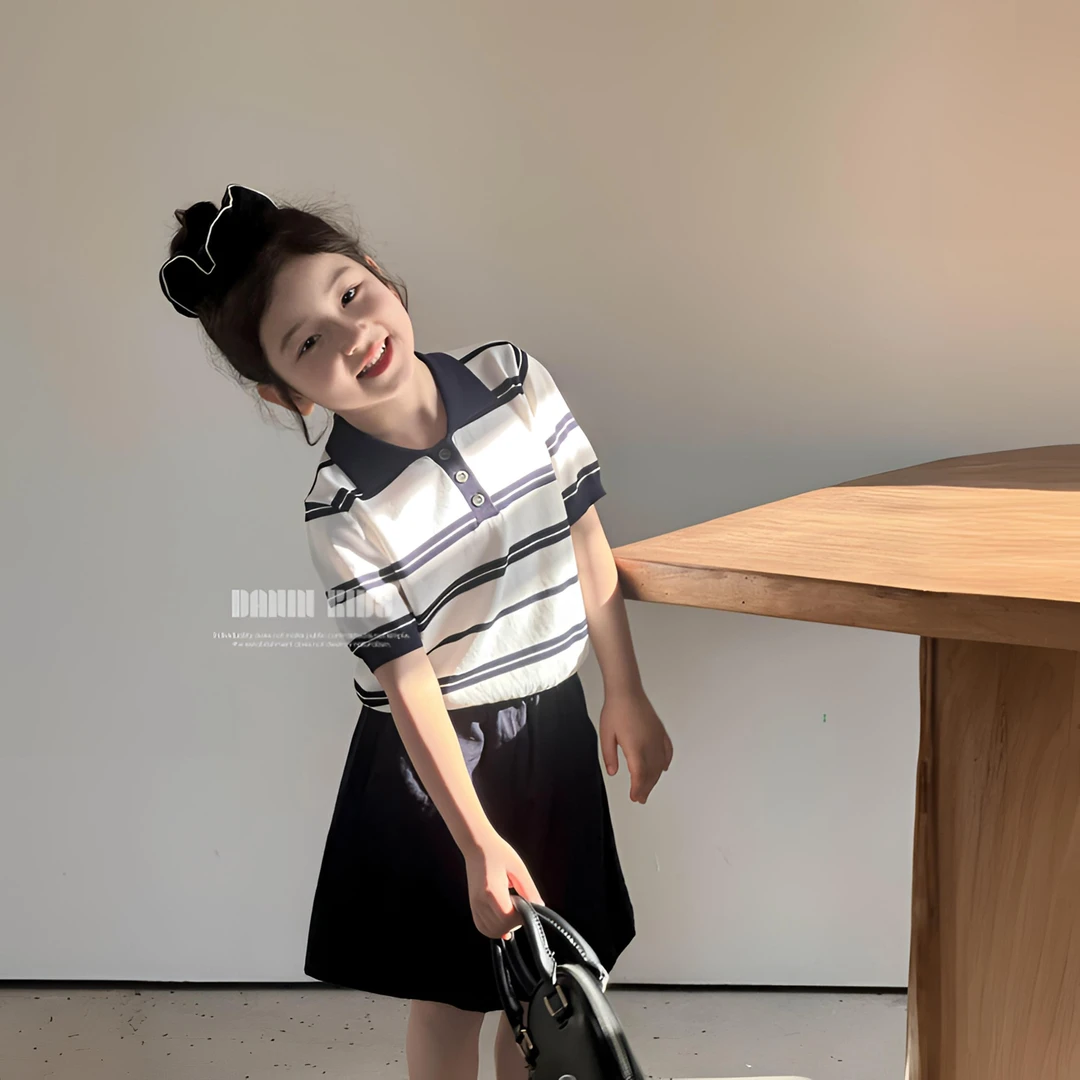 【嗒囜】曲珠混纺纱~手感凉爽透气女童夏装薄款条纹针织短袖T恤上衣