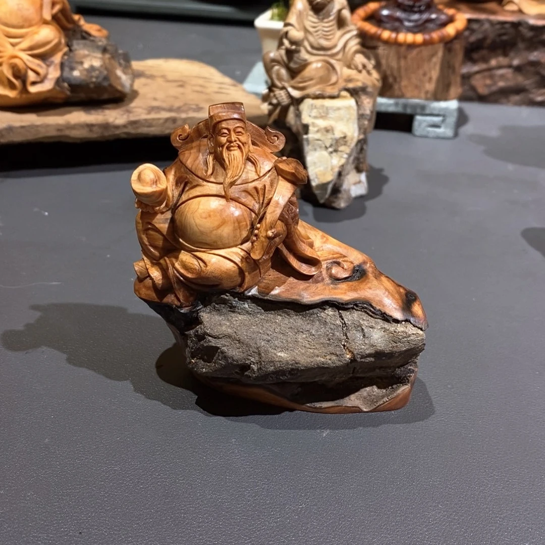 柏木（崖柏）窝*头抱石财神爷摆件