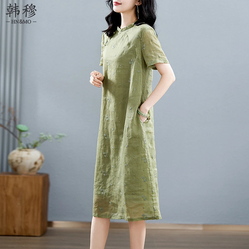 韩穆妈妈新中式刺绣苎麻连衣裙2025新款今年流行爆款气质旗袍裙子