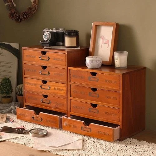 桌面实木收纳盒防尘文件印章手账抽屉式整理盒化妆品首饰品储物柜