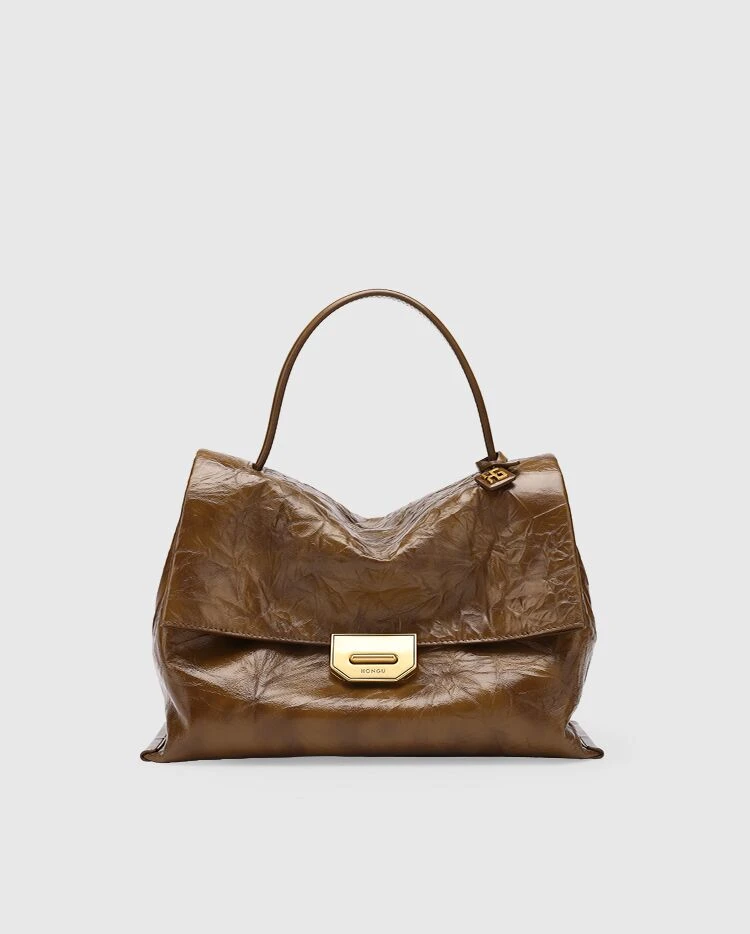 轻奢风单肩扣式单肩包抓花褶皱纹皮女包女士百搭褶皱