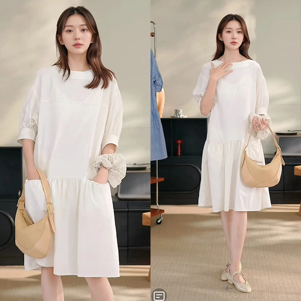 Miss Judy董洁同款白色宽松中长款连衣裙极简中袖泡泡袖娃娃裙春