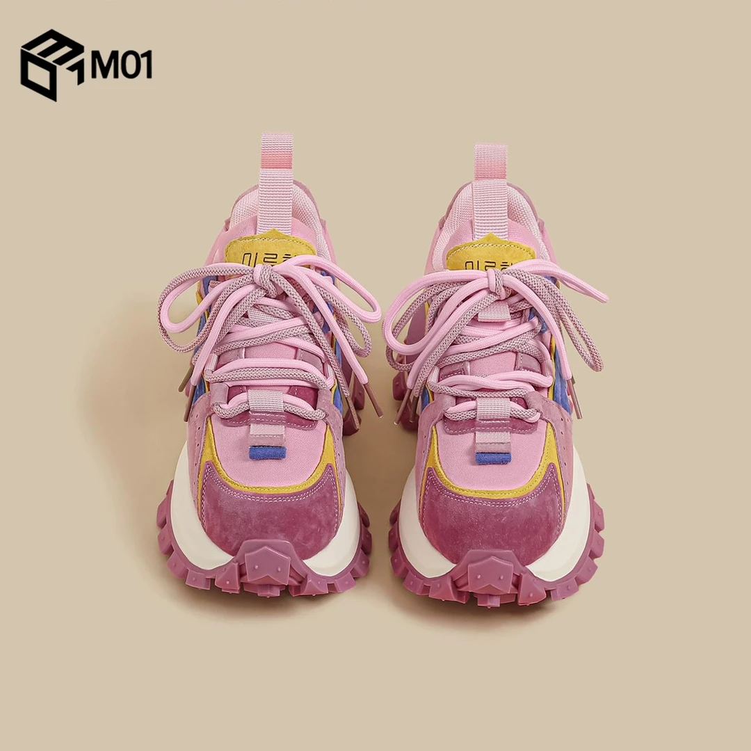 M01秋季新款厚底轮胎阿甘鞋女粉色复古巴黎风拼接休闲运动老爹鞋