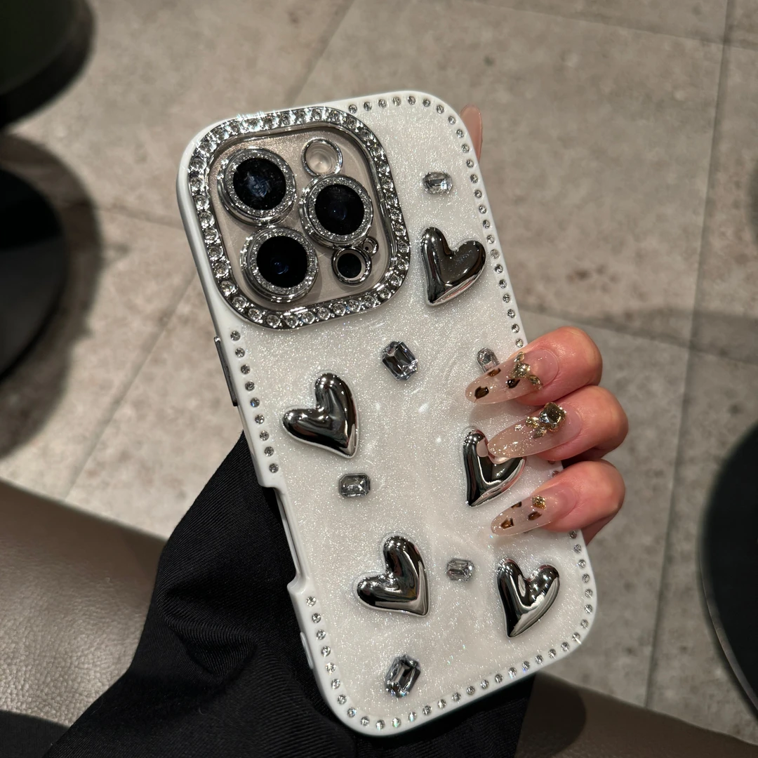 全包闪钻边立体爱心适用iPhone16promax手机壳15pro时尚14软13