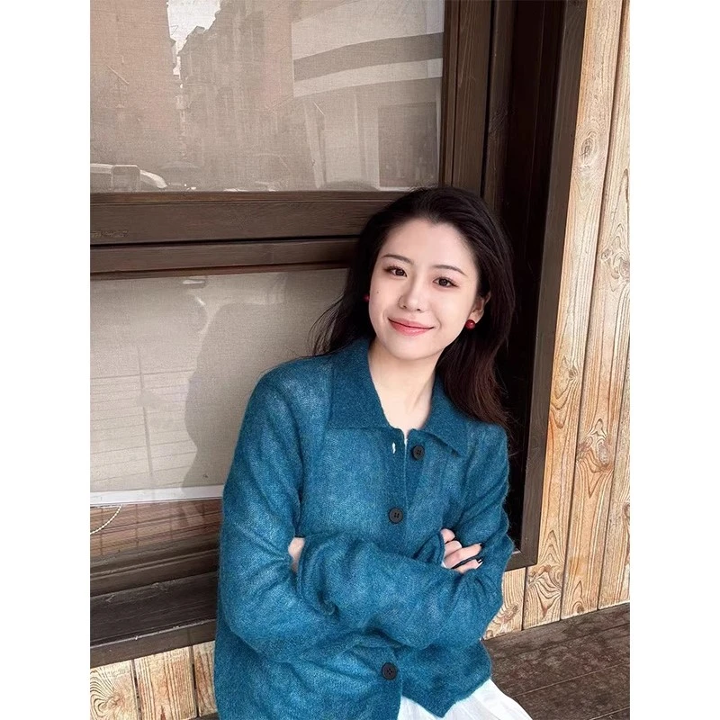 针织开衫韩系穿搭套装女新款2025早春洋气休闲修身显瘦蓝色毛衣潮