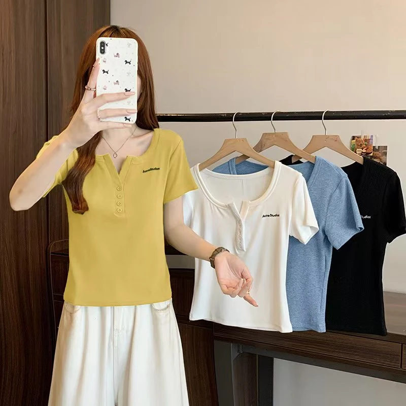 正肩短袖T恤女2025夏季大码胖mm显瘦宽松简约百搭小衫上衣7128