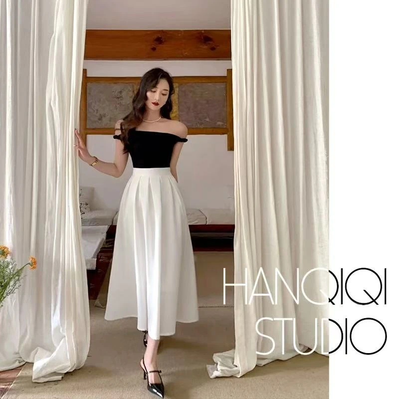 （有口袋）春季白色小个子显瘦半身裙百褶中长款高腰a字裙法式伞裙