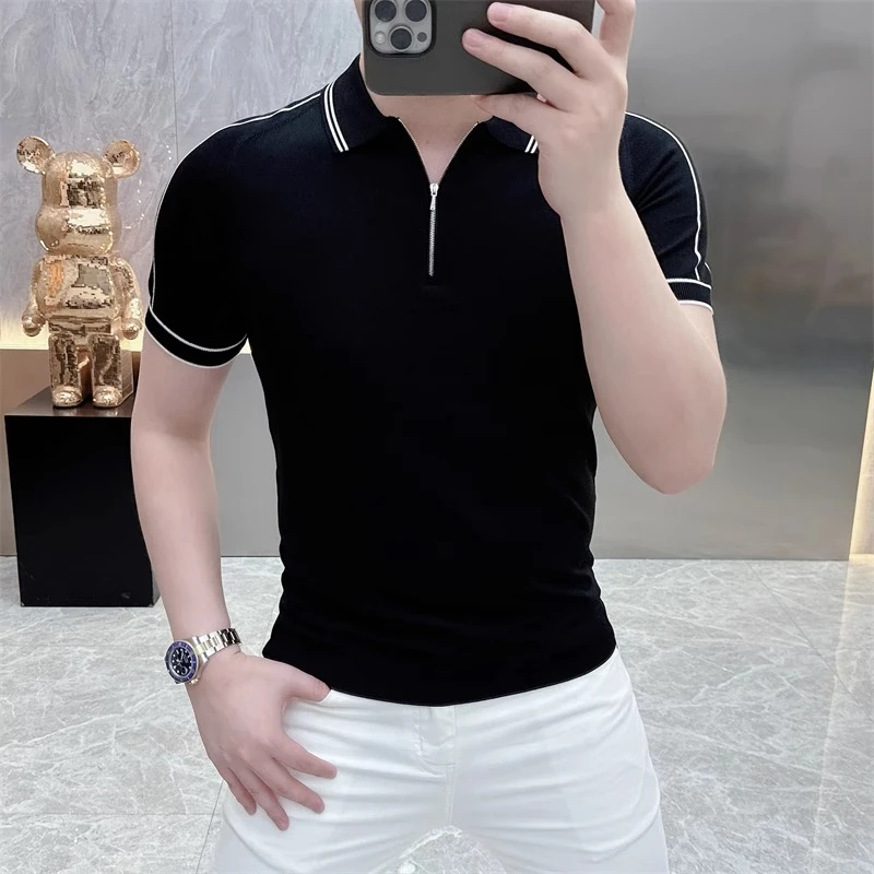 欧货轻奢短袖POLO男士针织冰丝半袖T恤拉链夏季修身条纹翻领上衣