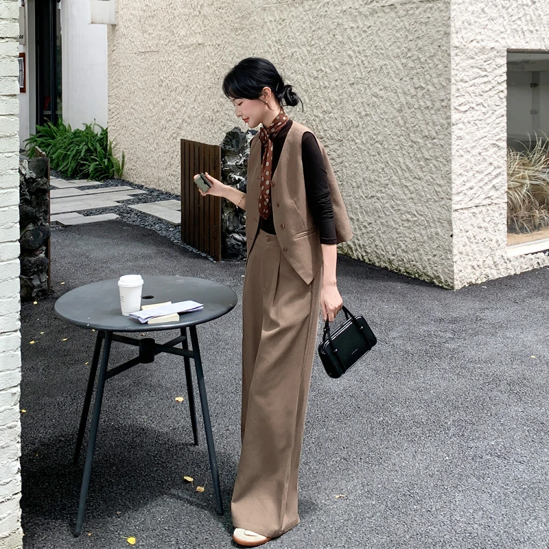 氛围感咖色马甲阔腿裤2025春秋新款休闲风韩系松弛感高级感套装裤