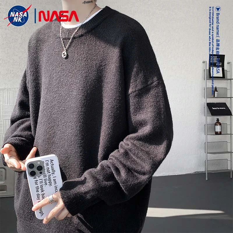 NASA联名秋冬款加厚保暖潮牌慵懒风圆领毛衣男士休闲宽松针织上衣