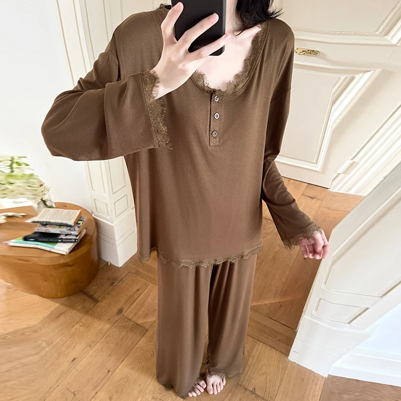 春秋季蕾丝莫代尔舒适柔软长袖睡衣女高级纯色性感宽松家居服套装