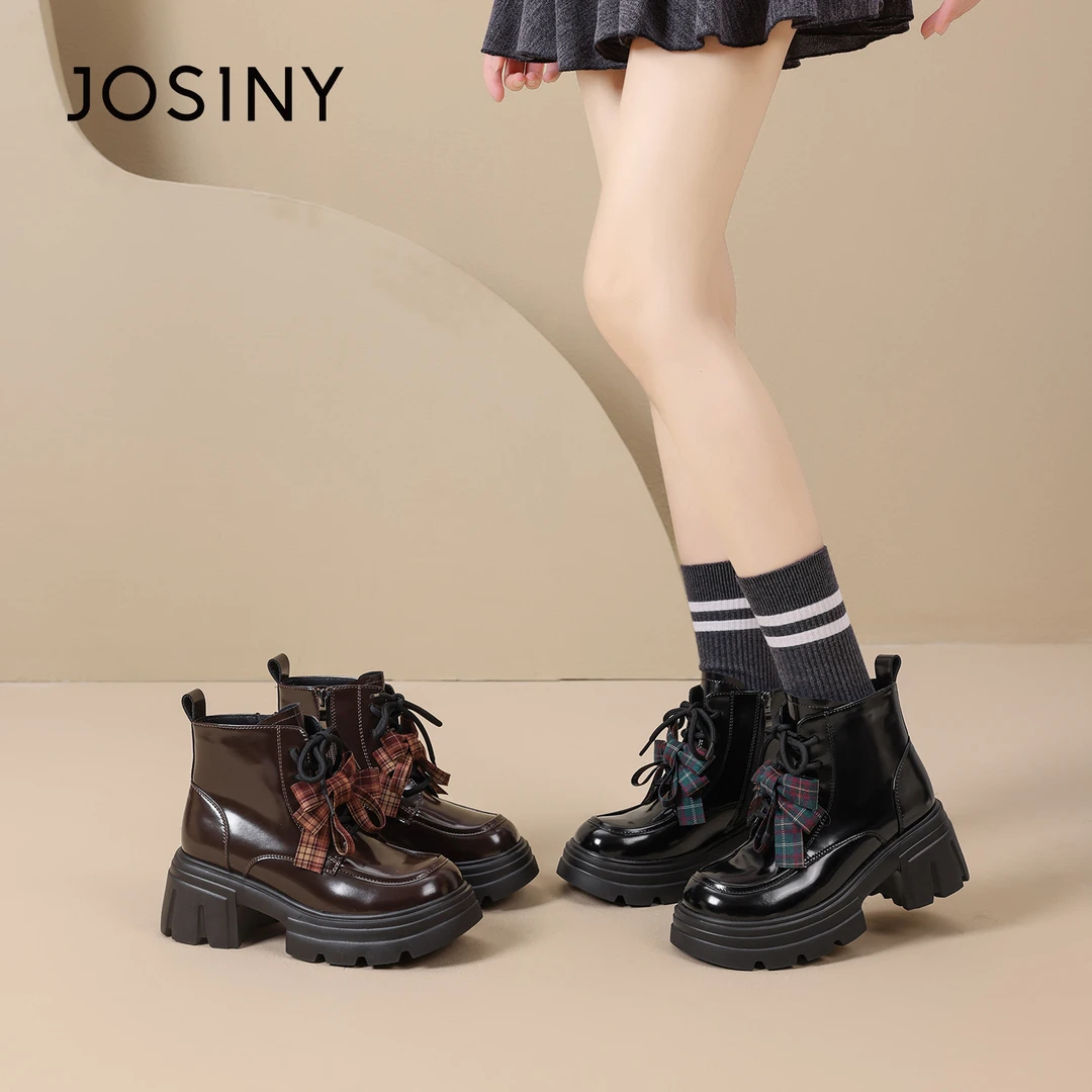 卓诗尼蝴蝶结时装靴女2025冬季新款小个子增高软底系带侧拉链短靴