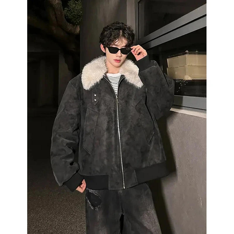 美式高街大毛领男士夹克外套冬季宽松加绒加厚棉衣短款座山雕棉服
