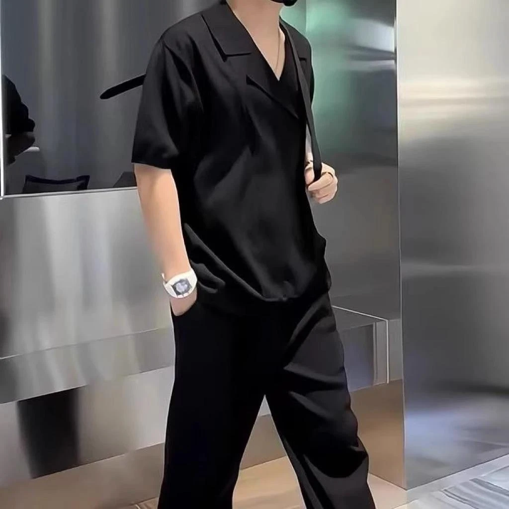 仓石一树轻奢夏季男士休闲薄款轻熟风青年套装简约宽松透气两件套