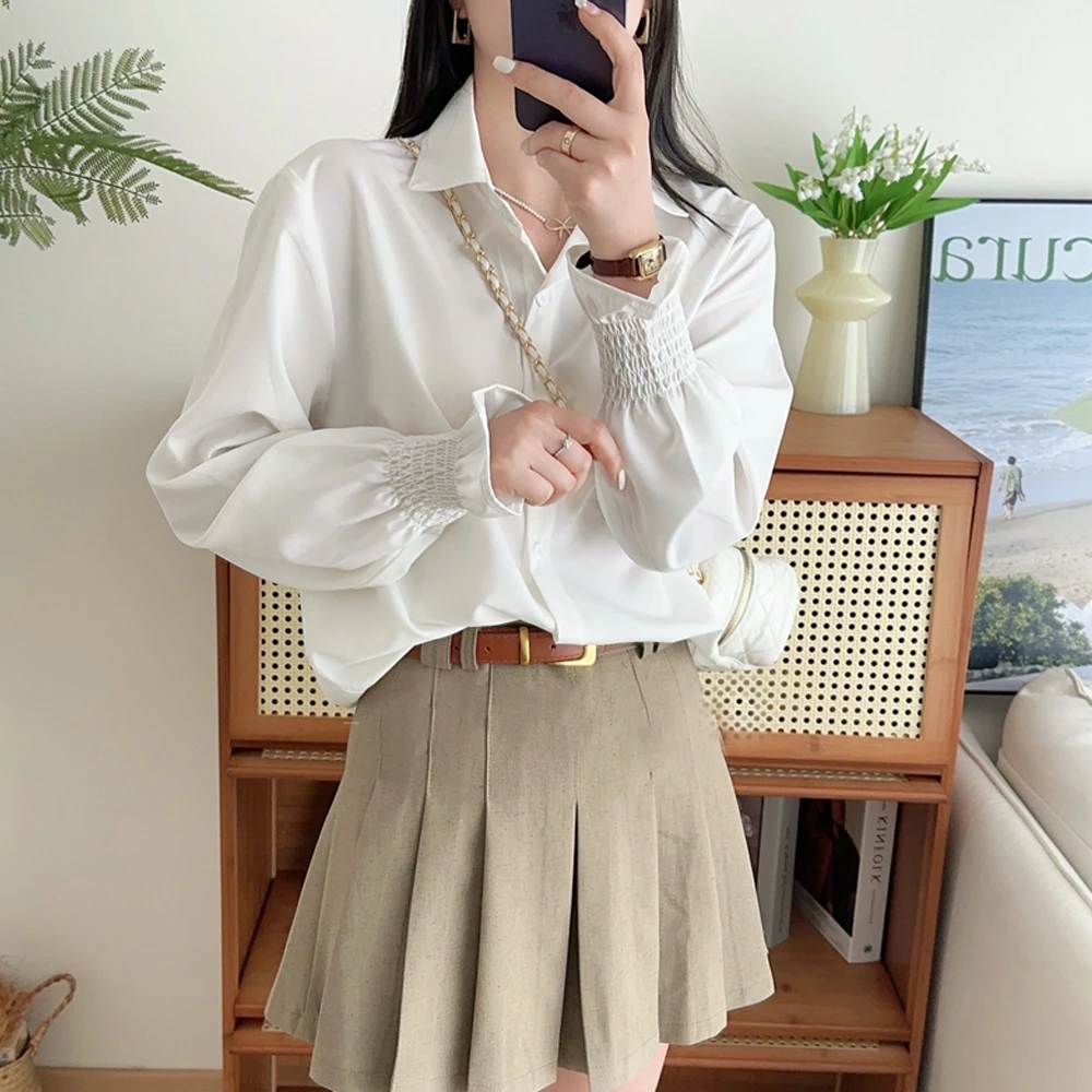 春秋新款韩版设计感纯棉polo领衬衫宽松喇叭长袖休闲时尚百搭上衣