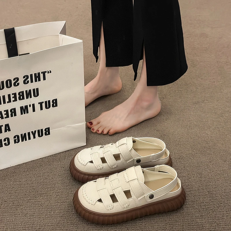 厚底包头镂空凉鞋女夏季透气厚底白色沙滩鞋舒适软底