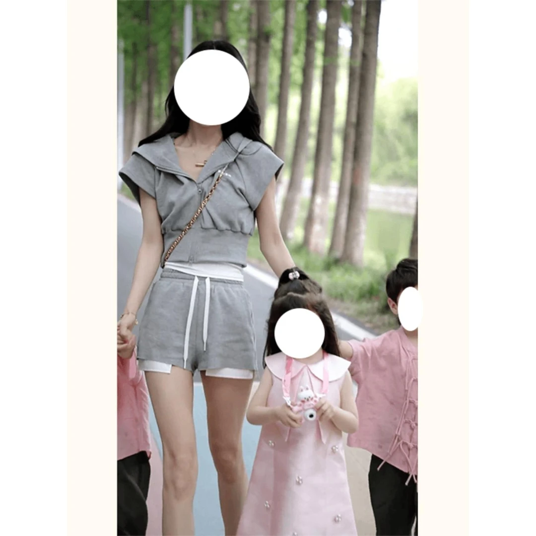 夏装搭配一整套活泼减龄显瘦灰色休闲运动风上衣短裤两件套装女