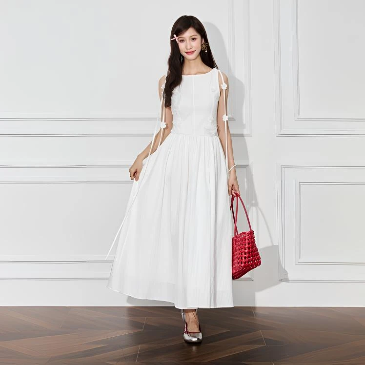 雨江亭纯色设计感背心连衣裙女夏季新款绳结花点缀显瘦连衣裙