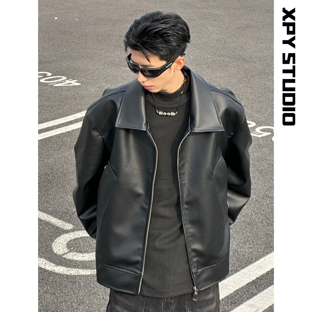 XPY丨美式复古潮流机车皮衣外套男宽松痞帅黑色皮夹克潮男款