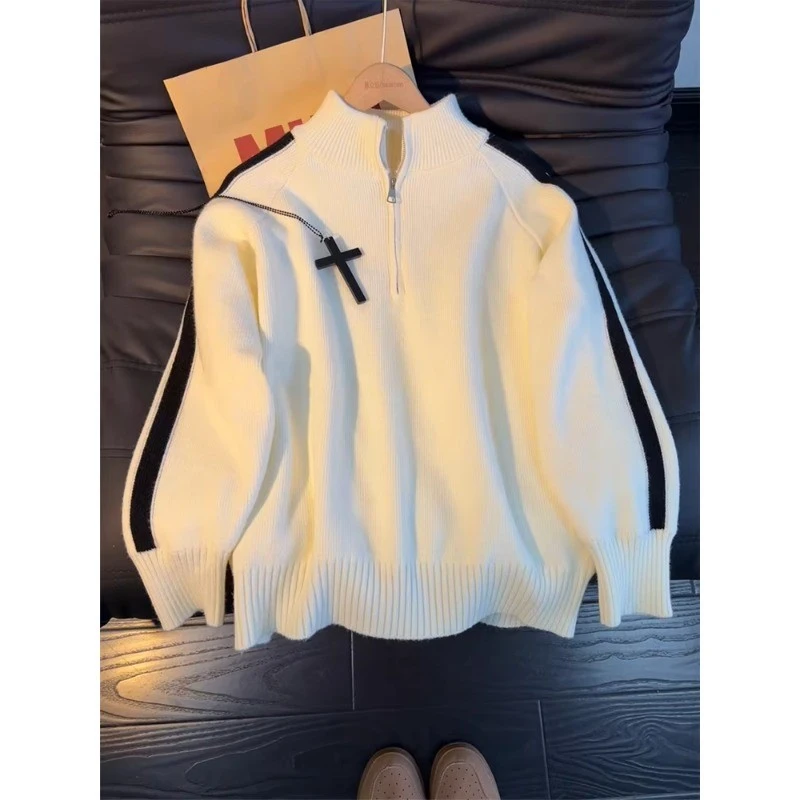 美式撞色半拉链立领针织毛衣男冬季潮牌cleanfit高级感软糯套头衫