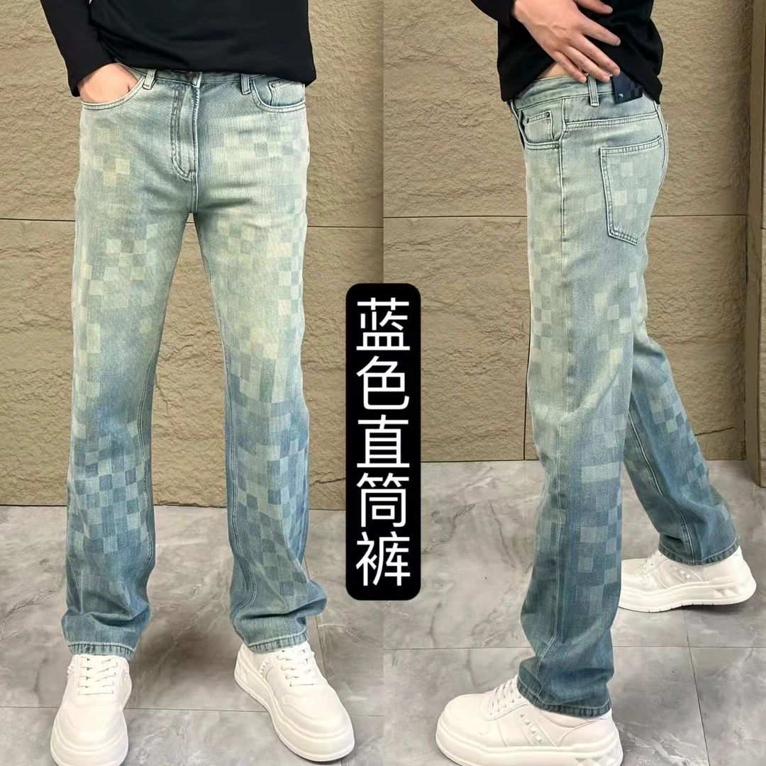 【裤子新品】512春夏"轻奢"美式高街棋盘格直筒牛仔裤