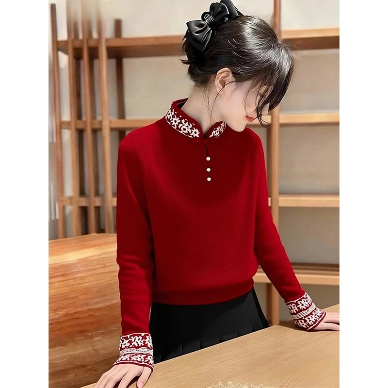 兹伊翰【贺岁新年】新中式红色刺绣毛衣女士2025秋冬新款气质针织衫