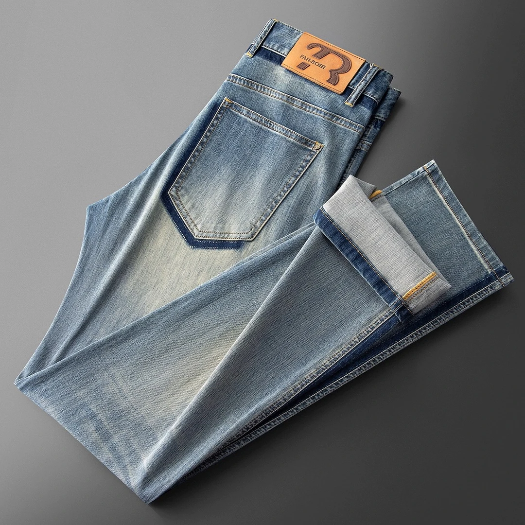 轻奢高端时尚复古精梳棉醋酸做旧潮流男士宽松微阔直筒休闲牛仔裤