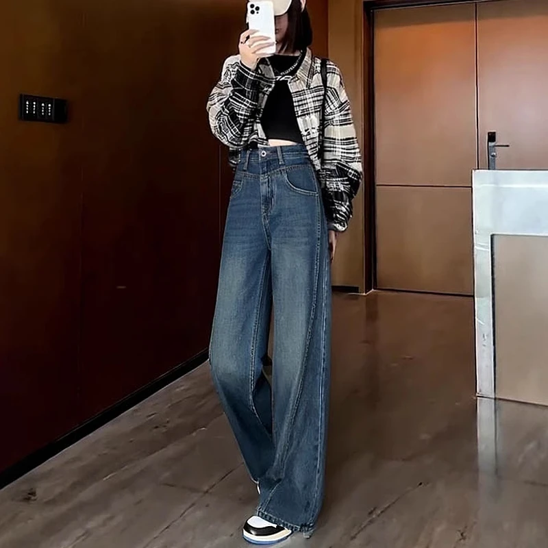 美思源直筒牛仔裤女高腰2025年春季新款复古莱赛尔显瘦窄版阔腿裤