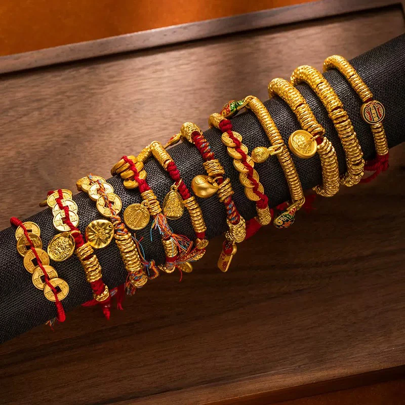 合金布艺手链 新中式五帝钱福字牌盘缠锤纹高级手链男女红绳手饰