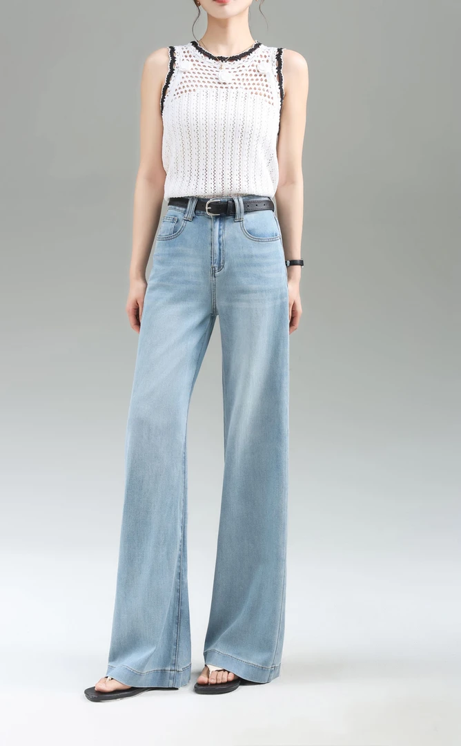 高个子大码牛仔裤女夏季薄款莱赛尔垂感直筒喇叭裤女高腰弹力阔腿