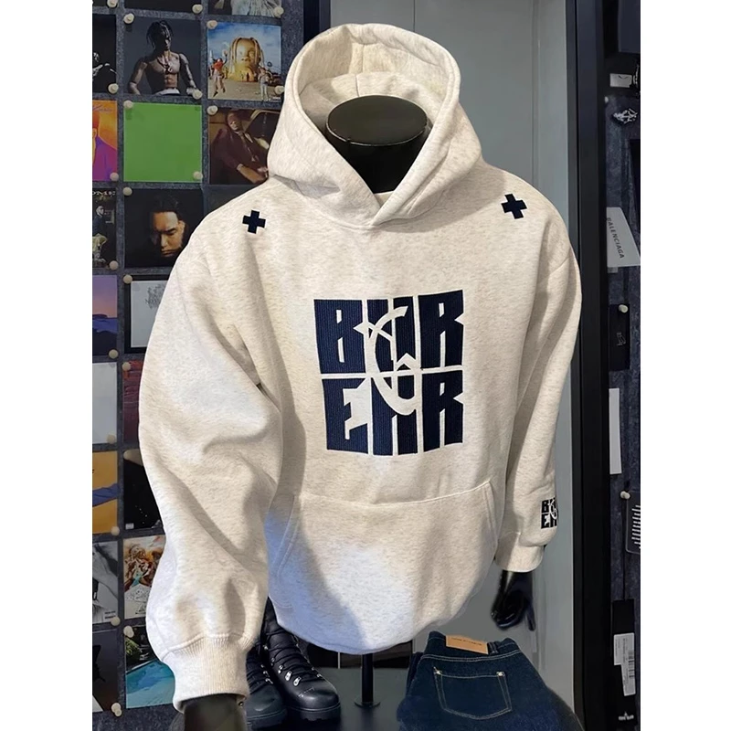 花灰色刺绣卫衣男款秋冬美式复古连帽衫重磅硬挺oversize痞帅外套