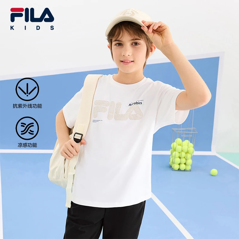 【斐乐儿童】2025夏季防晒凉感中大童运动时尚针织短袖衫K12B523129