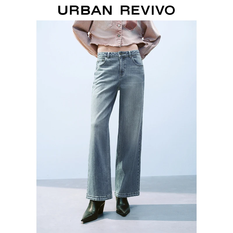 UR2025春季新款女装欧若风休闲水洗猫须阔腿牛仔长裤UYY850045