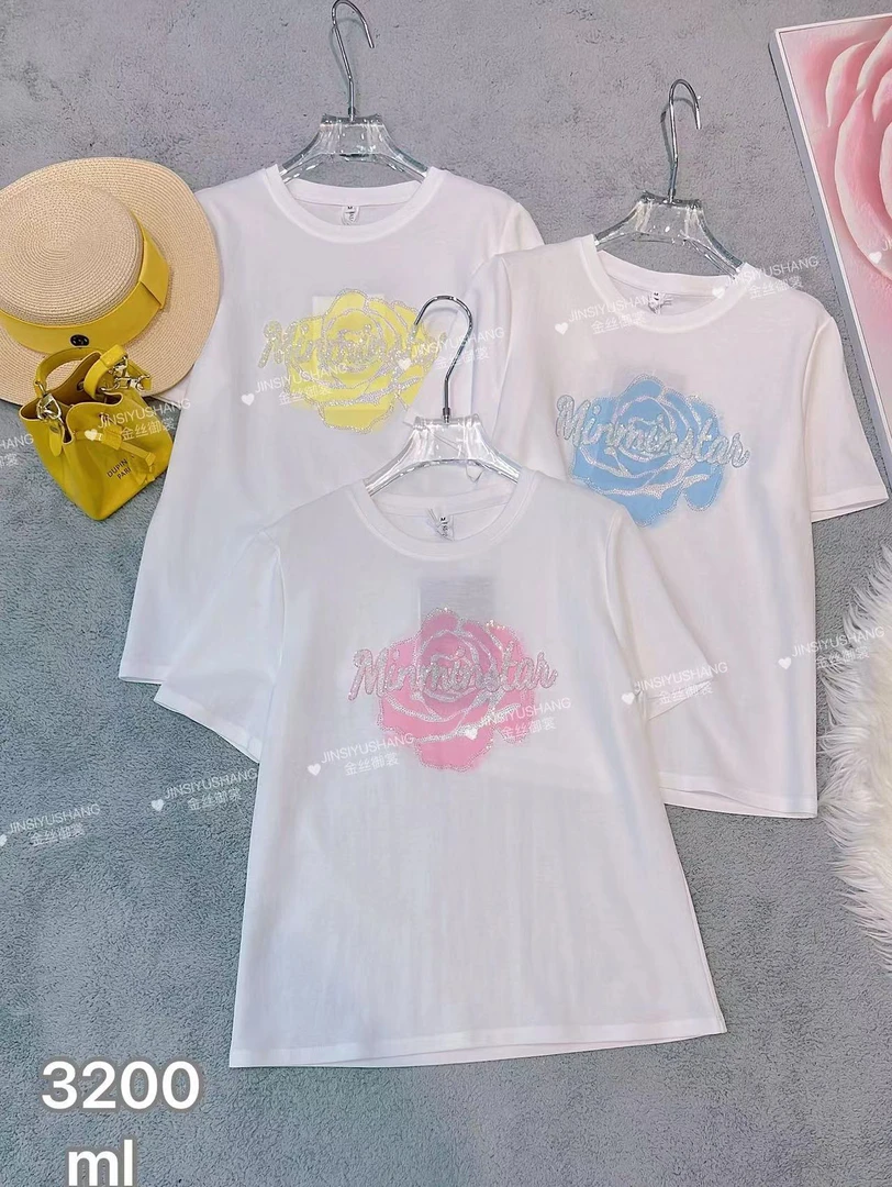 玫瑰花字母钉珠正肩休闲白色显瘦T恤女2025春夏新款