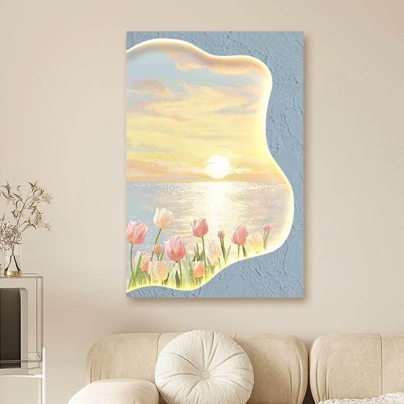 DE-057奶油风郁金香客厅装饰画北欧日出花海沙发背景挂画捡漏