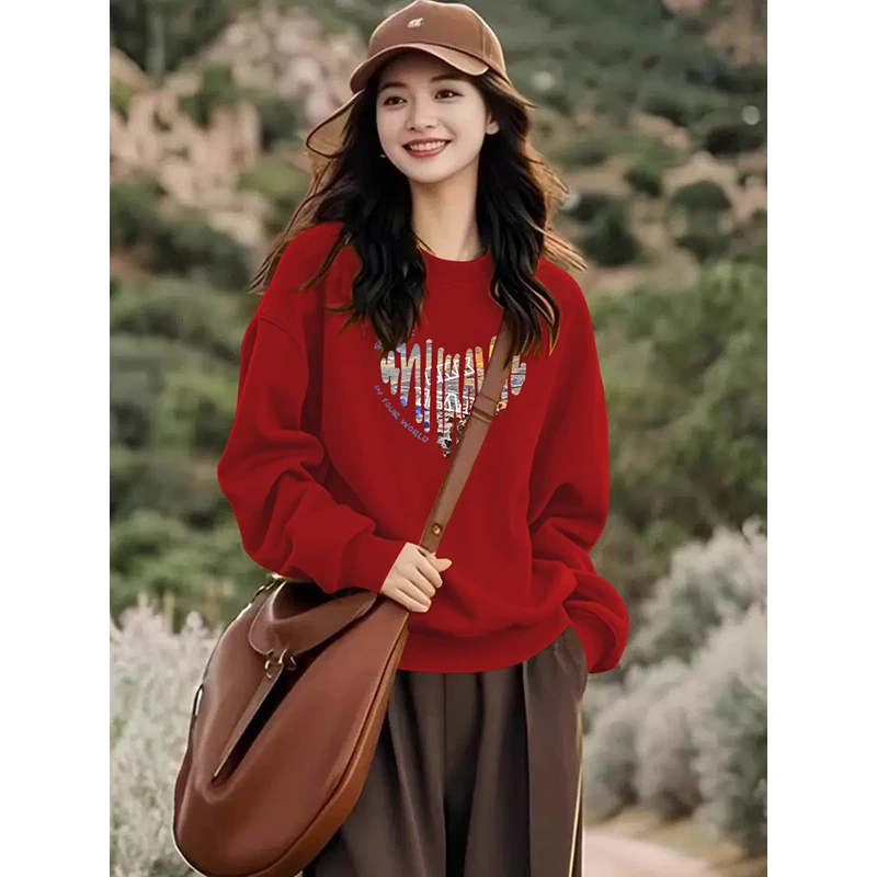 时尚百搭小个子圆领卫衣女士秋冬季胖mm大码宽松休闲套头上衣外套