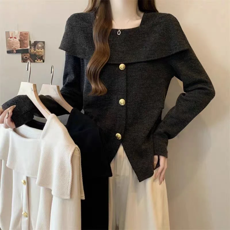 大码胖mm法式复古不规则方领长袖针织衫收腰显瘦设计感上衣女春装