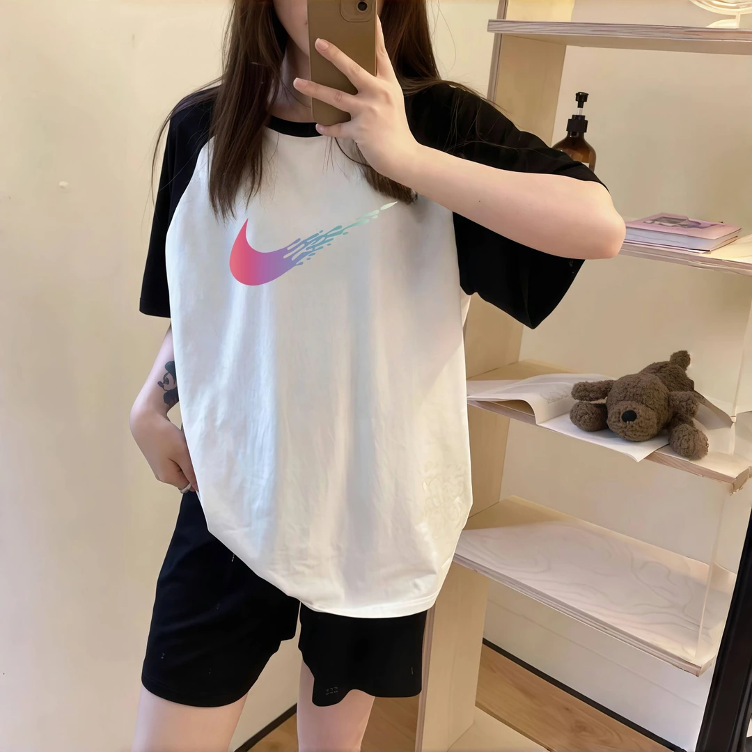 奥特莱斯正品纯色睡衣女夏纯棉女纯棉短袖拼色宽松可外穿家居服套