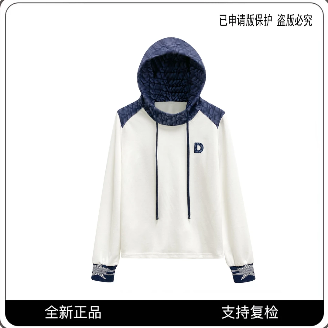 【微姐专属】68238#轻奢时尚撞色连帽印花T恤2025显瘦休闲个性上衣