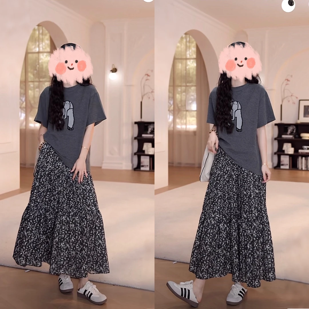 夏季新款百搭宽松T恤印花短袖高腰碎花裙两件套