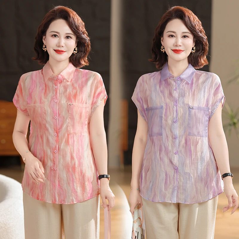中老年女短袖衬衫新款时尚妈妈夏装开衫宽松显瘦上衣中年女士衬衣
